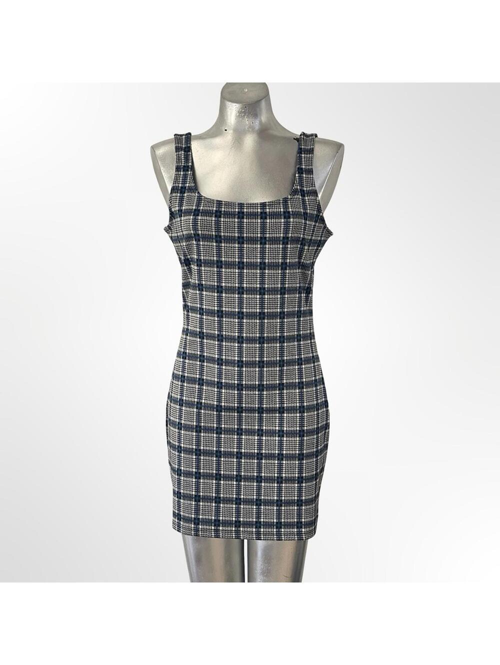 Forever 21 Plaid Square-Neck Mini Dress Navy & White -size L